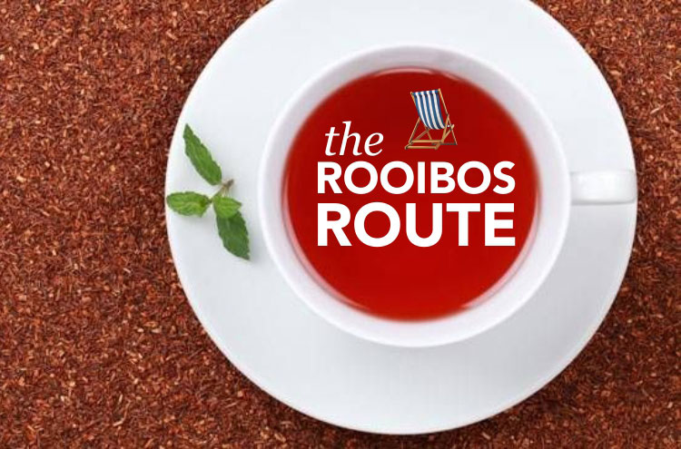the rooibos route written in a cup with rooibos leave in it and all around the cup