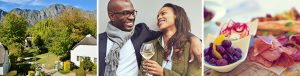 Le Franschhoek Hotel & Spa accommodation couple drinking wine and food