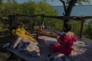 friends having a picnic with beautiful view