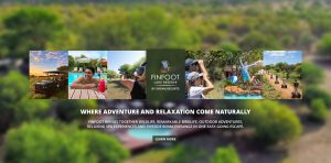 Promotional hero collage for Finfoot Lake Reserve by Dream Resorts, showcasing safari vehicle, poolside lounge, archery, and family activities around the center logo.