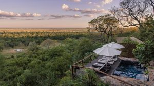 Terrace with white umbrellas and lounge chairs overlooking a vast savannah at sunset.
