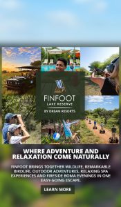 Collage ad for Finfoot Lake Reserve by Dream Resorts, with a central dark panel showing the brand and slogan, surrounded by outdoor scenes (vehicles, pool, hiking, biking) and a 'LEARN MORE' button.