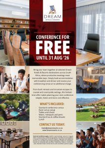 Dream Hotels & Resorts conference offer poster featuring meeting rooms and resort photos with a red banner: 'Conference for FREE until 31 Aug ’26'.