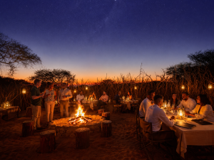 Group of people dining around a campfire at dusk, lanterns glowing, in a sandy desert with a starry sky above.