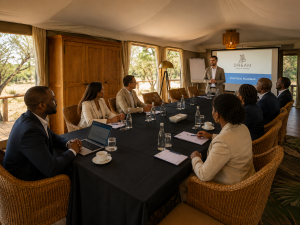 Presenter stands at front of a long table in a tented meeting room, presenting a 'Strategic Roadmap' slide to diverse attendees.