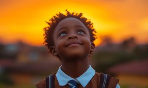 A young student looking up at an orange sunset, wearing a shirt, tie, and backpack, with a hopeful expression.