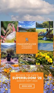 Collage ad for Piekenierskloof Mountain Resort with photos of scenery, pool, flowers and lounge chairs; orange blocks display the resort name and a 'Book Now' CTA.